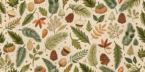 Naklejka na meble Seamless autumn botanical pattern with leaves, acorns, and pinecones