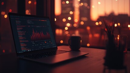 Poster - Open Laptop with Red Data Analysis Displayed on Screen in Evening Setting