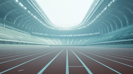 Aufkleber - Running track in an empty stadium with artificial lights illuminating the scene and a hazy atmosphere creating a dramatic effect