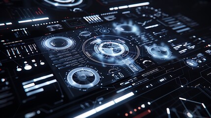 Poster - close-up shot of a futuristic digital interface design with glowing blue and white elements on a dar