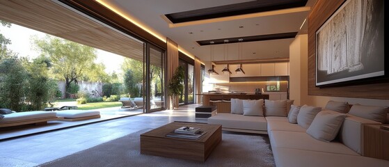 Modern living room with large windows overlooking a green garden.