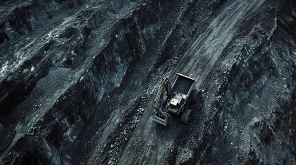 Aerial view of an excavator working in a coal mine.