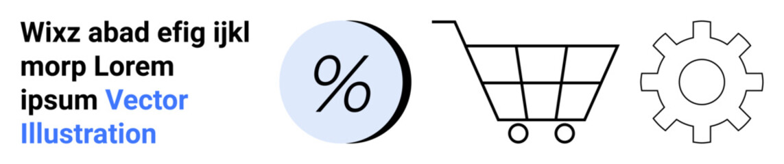 Blue percentage symbol, black shopping cart, and black gear. Ideal for e-commerce, retail, shopping, discount promotions, web development, user interface, and online marketing. Landing page
