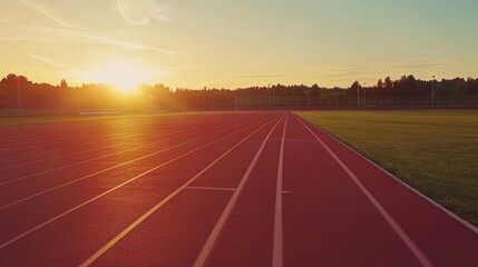 Aufkleber - Red running track with white lines stretching into the distance, bathed in the warm glow of the setting sun, creating a serene and inspiring atmosphere for athletes and fitness enthusiasts