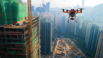 Poster - Drone Flying Over Construction Site in Urban Cityscape