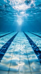 Poster - Sunbeams are filtering through the surface of an empty swimming pool, illuminating the blue tiled floor and lane markers in a mesmerizing underwater view