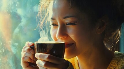 Woman is drinking morning coffee