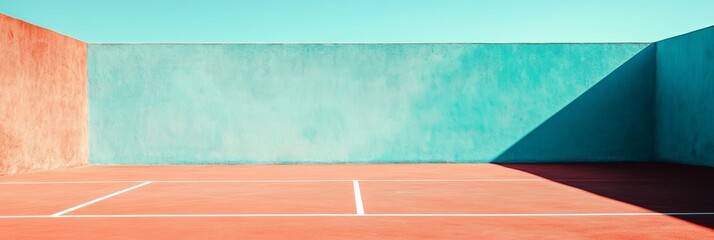 Poster - Minimalist image featuring an empty paddle tennis court with a vibrant teal and orange wall, bathed in sunlight under a clear blue sky, creating a striking contrast of colors and geometric shapes