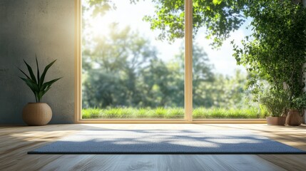 Poster - Sun shining through large window into empty room with yoga mat on hardwood floor, plants, and view of green trees and grass in background, creating peaceful and serene atmosphere