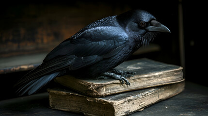 Raven perched on old books, crow, bird, black bird, antique books, book stack