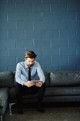 Aufkleber - Search, tablet and reading with business man for cloud solutions architect, it consultant or mockup. Web, framework and online with person on wall background for network or chief technology officer