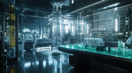 Poster - Futuristic Laboratory with Two Humanoid Robots and a Glass Table