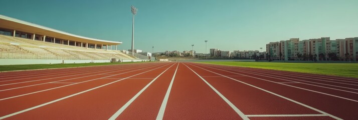 Aufkleber - Empty running track stretching into the distance within a modern stadium, bleachers on one side and a cityscape on the other, conveying a sense of anticipation and potential