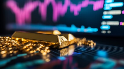 Gold bars with financial chart economy finance rich wealth investment background. gold trade market and stock market investing