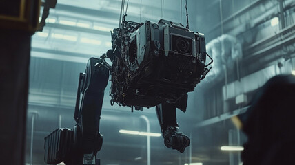 Poster - A robotic arm lifts a complex machine inside a dimly lit industrial facility