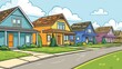 © NatthaphonSiri - Cartoon Illustration of Colorful Suburban Houses on a Street.