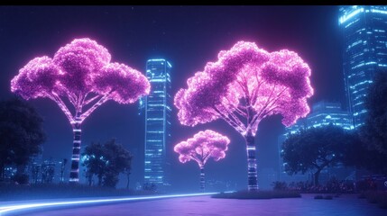 Poster - Glowing Pink Trees and a Cyber City Skyline at Night