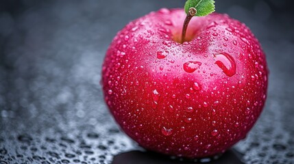 A single red apple with water droplets on a dark background.