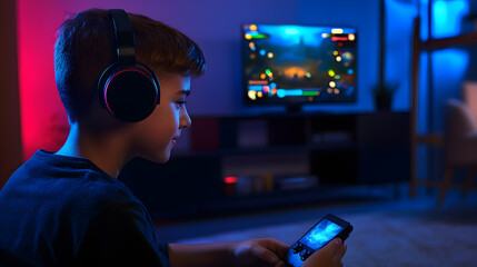 A boy is playing a video game on a phone while wearing headphones