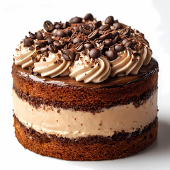 Mocha Coffee Cake - layers of chocolate and coffee with whipped cream and cocoa powder, isolated on white