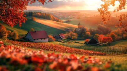 Poster - Autumnal Landscape with Houses and Vineyard