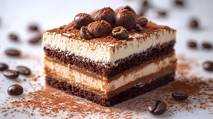 Mocha Coffee Cake - layers of chocolate and coffee with whipped cream and cocoa powder, isolated on white