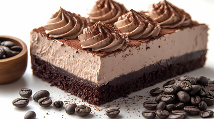 Mocha Coffee Cake - layers of chocolate and coffee with whipped cream and cocoa powder, isolated on white