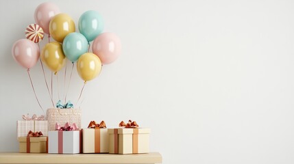 A festive scene of colorful balloons and beautifully wrapped gifts arranged on a table for a birthday party celebration, set against a clean white wall, creating a perfect backdrop for a banner design