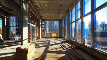 Poster - An unfinished room in a high-rise building with large windows overlooking the city.