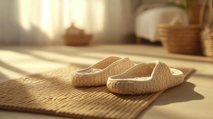 Casual house slippers with a woven texture, on a beige floor, soft lighting 