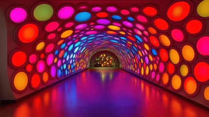 Poster - Colorful Circular Lights Illuminate an Empty Tunnel