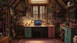 © A4719 - Artistic Teen Girl s Room Cozy Attic Workspace Laptop Crafts Decor