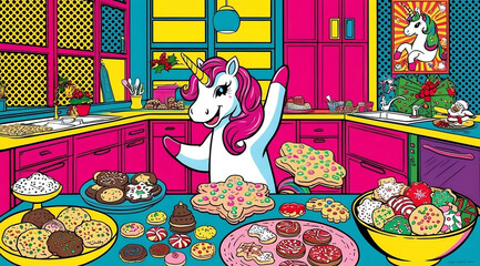 A vibrant kitchen scene featuring a playful unicorn surrounded by an array of colorful cookies and treats.