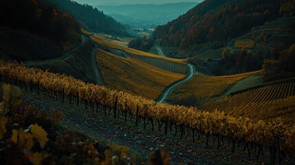 Poster - Winding Road Through Autumnal Vineyard Landscape