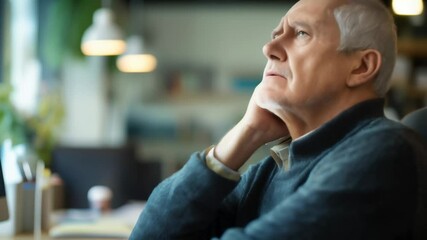 Poster - Senior business manager suffering neck pain while sitting at office desk, touching his neck with hand, looking away and thinking