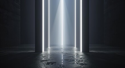 Poster - Three Glowing Pillars in a Dark Room with a Wet Floor