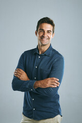 Fototapete - Crossed arms, studio and portrait of business man with company pride for work, career and job. Professional worker, startup and isolated person with confidence, smile and happy on white background