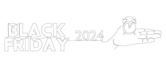 Poster - One continuous line of alarm clock with Black Friday 2024 text. Thin Line Illustration vector concept. Contour Drawing Creative ideas.