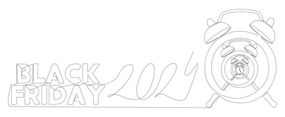 Poster - One continuous line of alarm clock with Black Friday 2024 text. Thin Line Illustration vector concept. Contour Drawing Creative ideas.