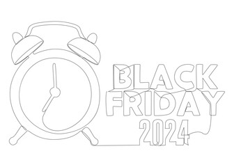 Poster - One continuous line of alarm clock with Black Friday 2024 text. Thin Line Illustration vector concept. Contour Drawing Creative ideas.