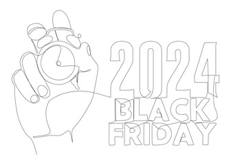 Poster - One continuous line of alarm clock with Black Friday 2024 text. Thin Line Illustration vector concept. Contour Drawing Creative ideas.