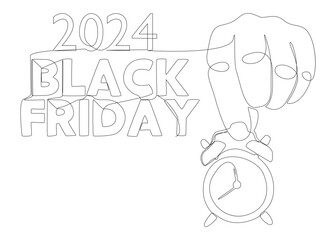 Poster - One continuous line of alarm clock with Black Friday 2024 text. Thin Line Illustration vector concept. Contour Drawing Creative ideas.