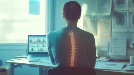 Poster - Doctor sitting at desk with highlighted spine and nervous system experiencing back pain while working on laptop in medical office with x rays on the wall