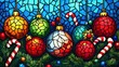 © Tuyres - Stained Glass Christmas Baubles and Candy Canes. Generative AI.