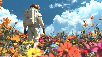 Wall Mural - An astronaut strolls through a field full of colorful flowers - ai generated. Dreamscape. Illustration