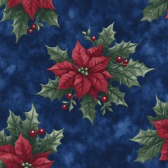 Red poinsettia and holly on a blue background.