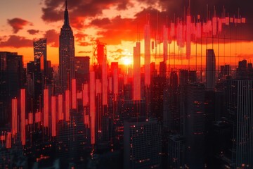 Poster - Red Stock Market Chart Over City Skyline at Sunset