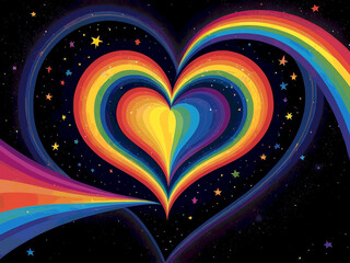 Wall Mural - abstract illustration Cosmic Rainbow Heart Light dark starry night deep space background