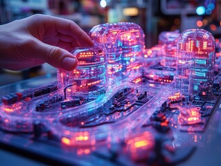 Poster - A Hand Interacting with a Futuristic Transparent City Model Lit with Neon Lights