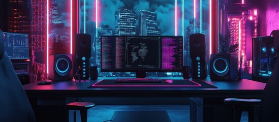 Poster - Neon Cityscape Gaming Setup